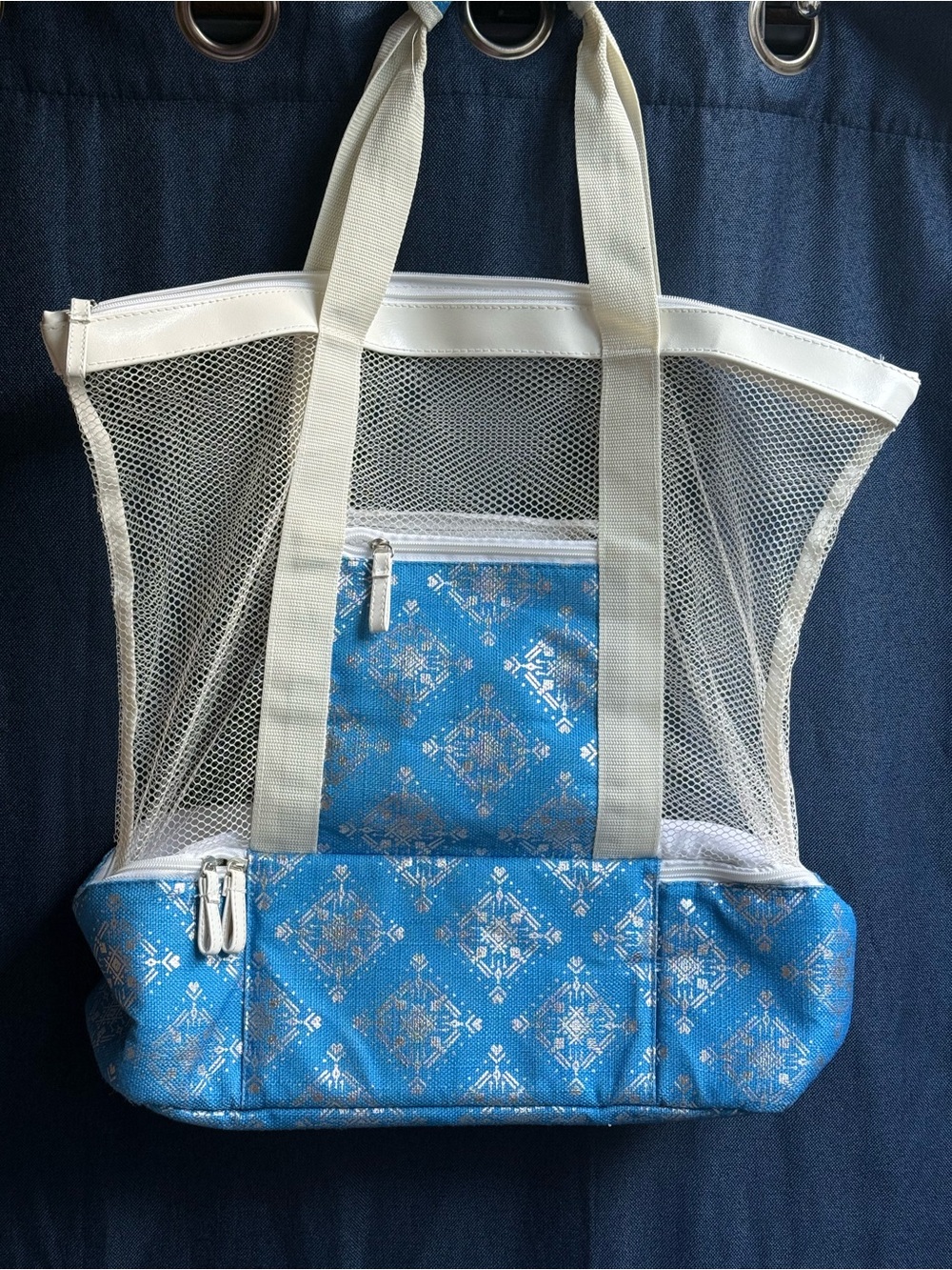 NWT Natural Elements Insulated Mesh Beach Bag Tote Cooler Base Blue Geometric